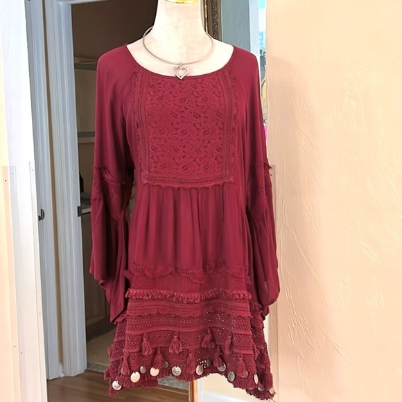 NWT,Raga,Gold Coins Embellish the Bottom, Burgundy Lace Dress,Size M - Picture 5 of 11